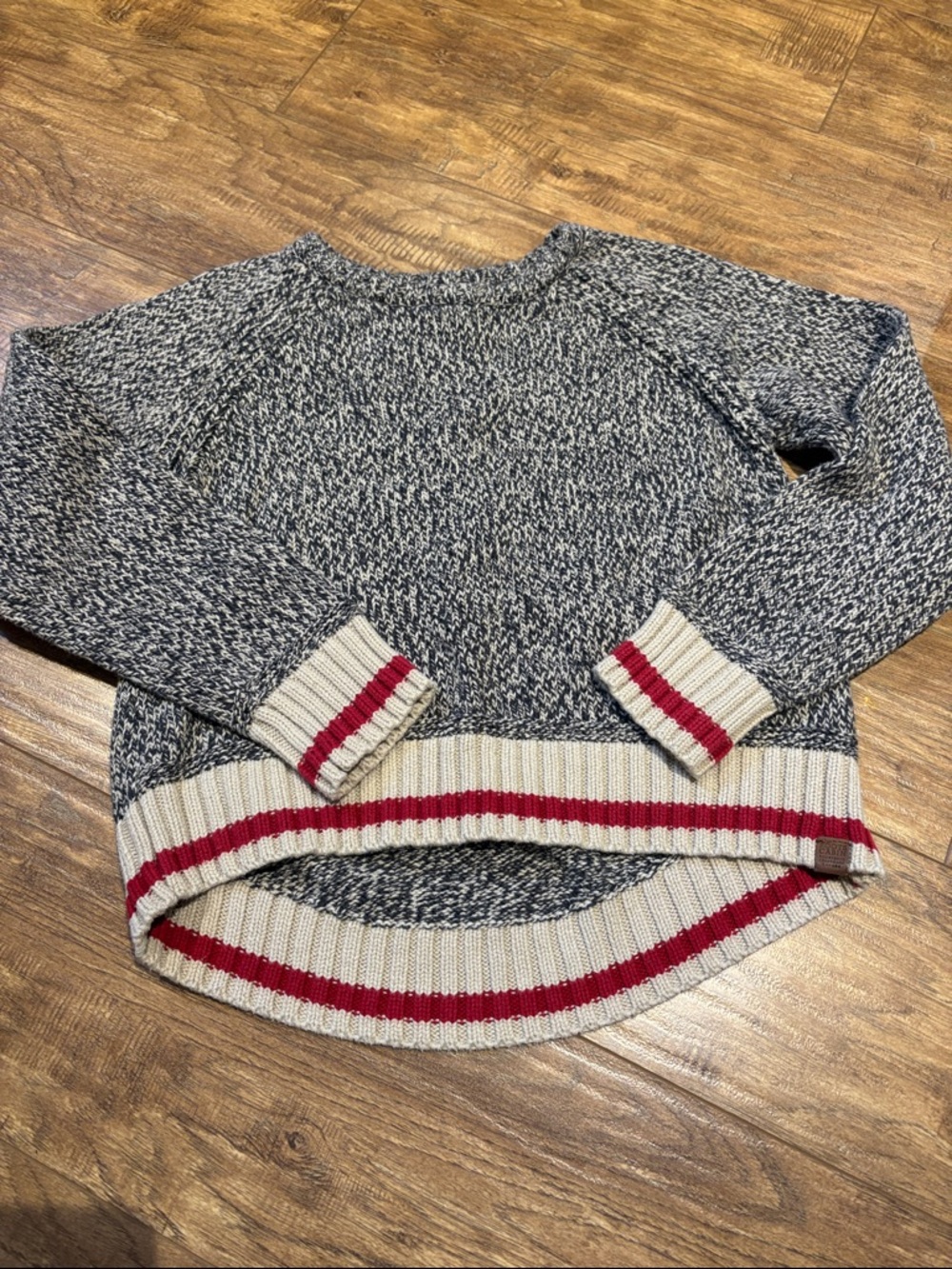 Roots Cabin Crewneck Sweater with Cream and Red Stripes
